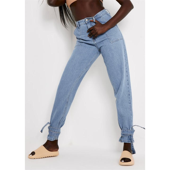 Missy Empire Women's Blue Denim Tie Ankle Mom Jeans in Size 6, Sports Direct
