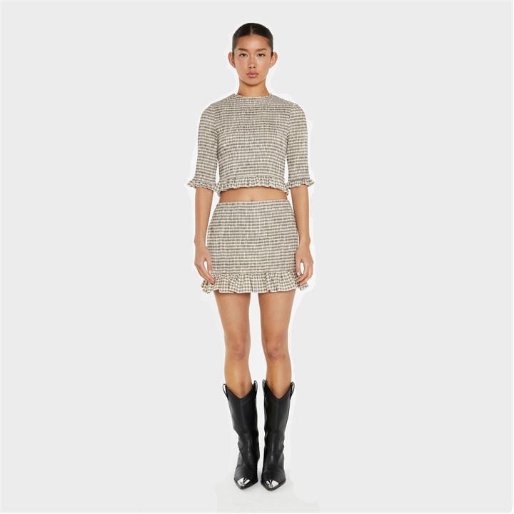 Glamorous Women's Beige -Black Check Shirred Crop-Top in Size 12, Sports Direct