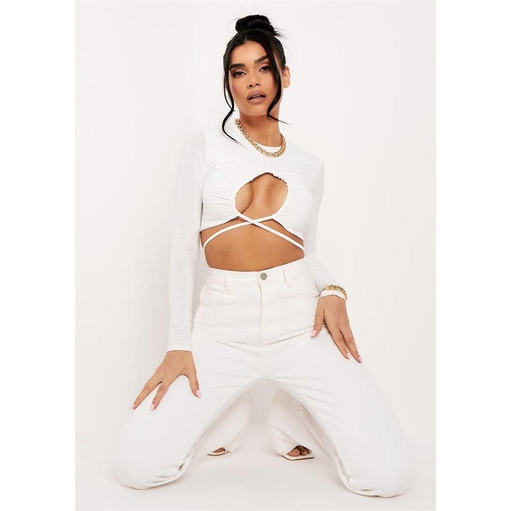 Missy Empire Women's White Slinky Ruched Front Tie Waist Crop Top in Size 12, Sports Direct
