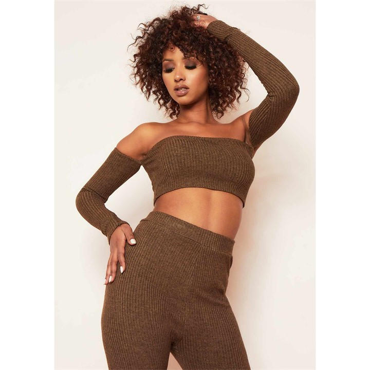 Missy Empire Women's Brown Soft Rib Bardot Long Sleeve Crop Top in Size 8, Sports Direct