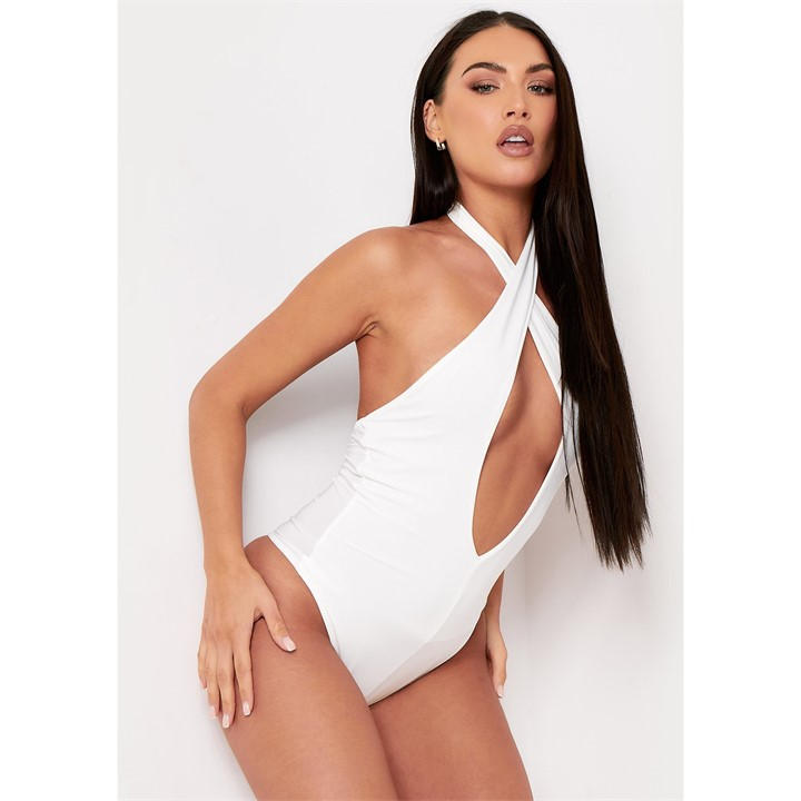 Missy Empire Women's White Deep Plunge Cross Front Cut Out Halterneck Bodysuit in Size 6, Sports Direct