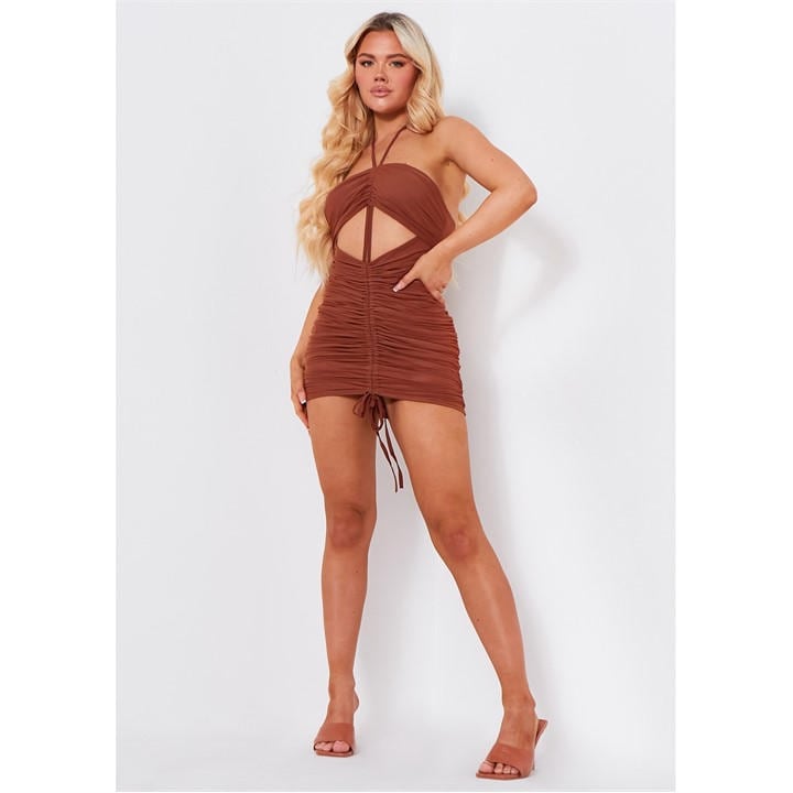 Missy Empire Women's Brown Halterneck Ruched Mesh Dress in Size 8, Sports Direct