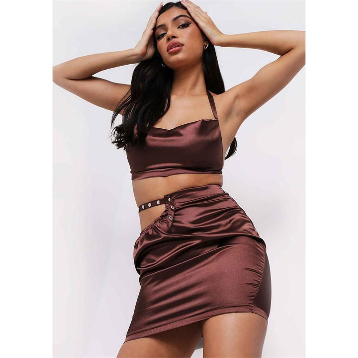 Missy Empire Women's Brown Satin Metal Strap Skirt in Size 10, Sports Direct