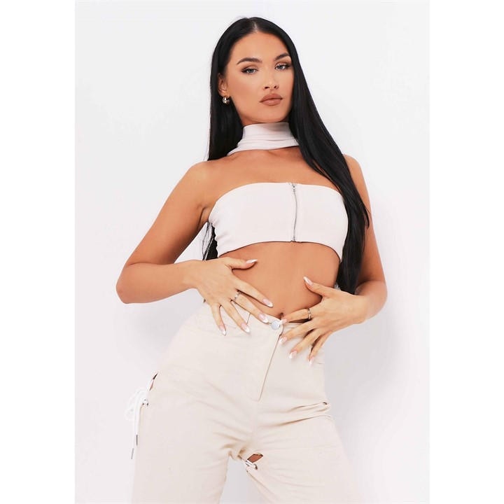 Missy Empire Women's Beige Ribbed Knit Zip Bandeau Crop Top in Size 12, Sports Direct