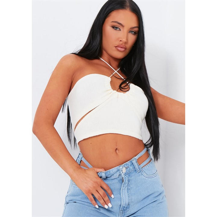 Missy Empire Women's Cream Knit Cross Over Crop Top in Size 10, Sports Direct