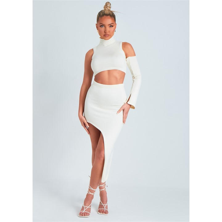 Missy Empire Women's Cream Side Split Knitted Midi Skirt in Size 8, Sports Direct