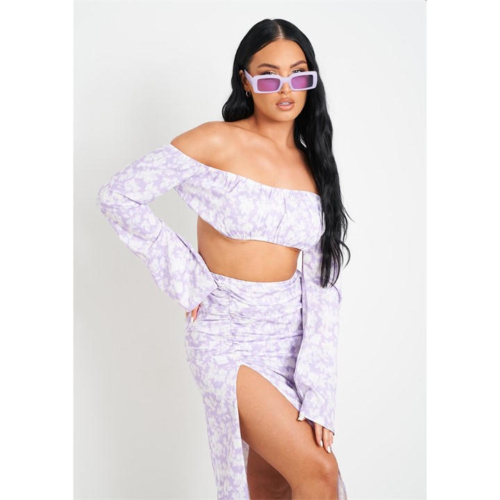 Missy Empire Women's Purple Floral Print Bardot Long Sleeve Crop Top in Size 6, Sports Direct