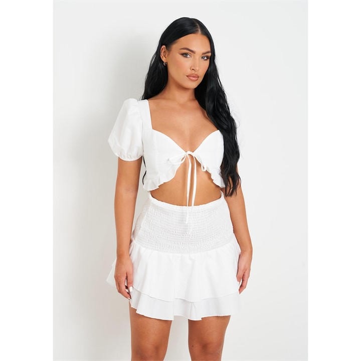 Missy Empire Women's White Woven Shirred Back Tie Front Crop Top in Size 6, Sports Direct