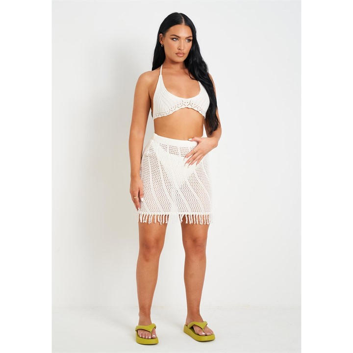 Missy Empire Women's White Knitted Crochet Tassle Hem Mini Skirt in Size 10, Sports Direct