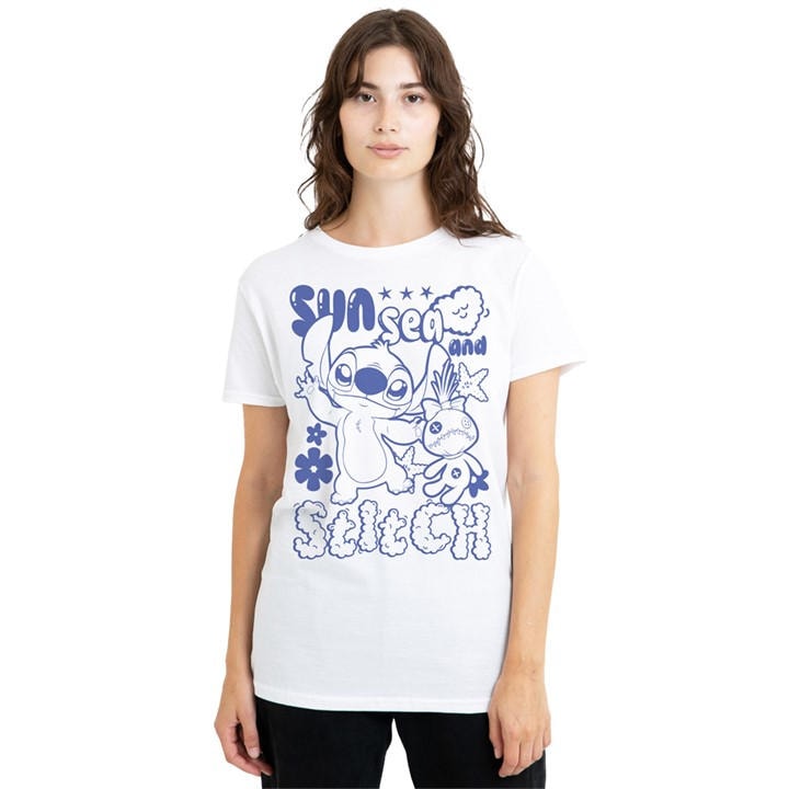 Disney Women's White Lilo And Stitch Sun Sea And Stitch Classic T Shirt in Size M, Sports Direct
