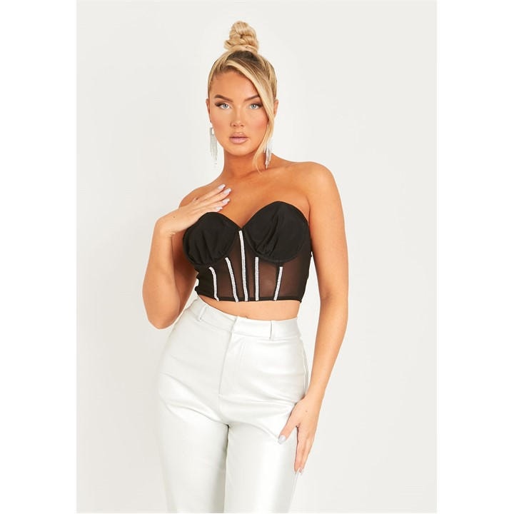 Missy Empire Women's Black Woven Mesh Structured Diamante Cropped Corset in Size 6, Sports Direct