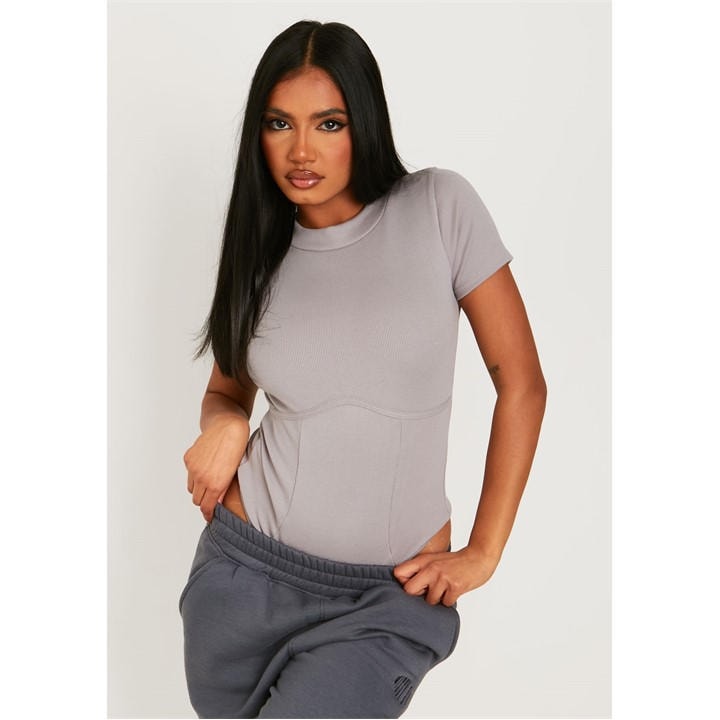 Missy Empire Women's Grey Ribbed Structured Bodysuit in Size 6, Sports Direct