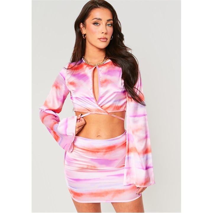Missy Empire Women's Purple Abstract Print Tie Front Satin Crop Top in Size 10, Sports Direct