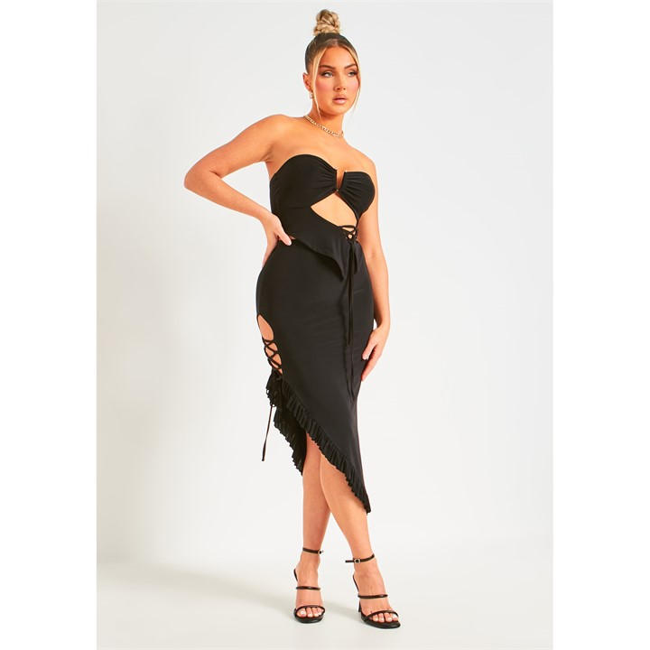 Missy Empire Women's Black Slinky Lace Up Detail Frill Hem Midi Skirt in Size 6, Sports Direct