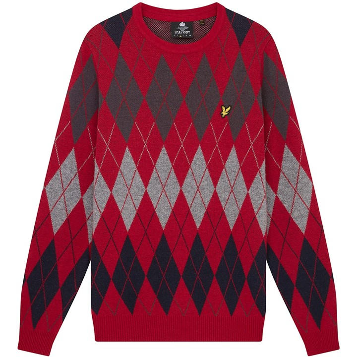 Lyle And Scott Men' Red Argyle Crew Neck Jumper in Size S, Sports Direct