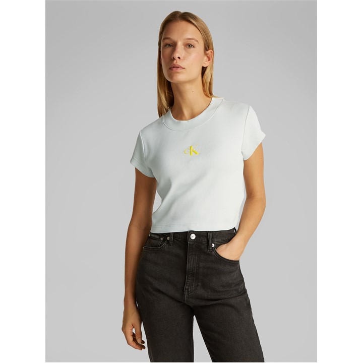 Calvin Klein Jeans Women's Green Monogram Fitted Cropped Baby Tee in Size 14, Sports Direct