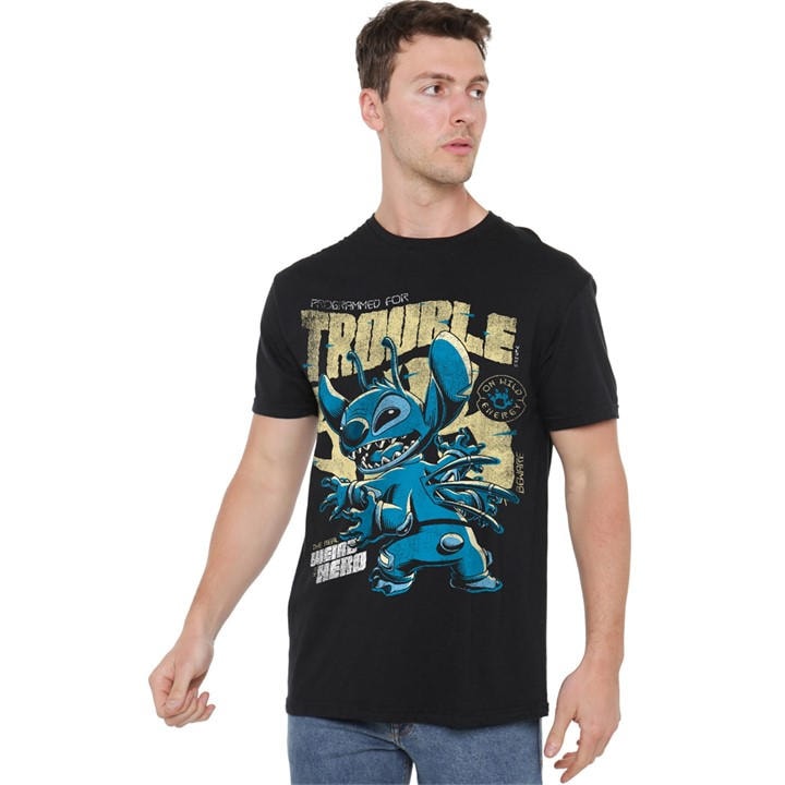 Disney Men' Black Lilo And Stitch Trouble Comic T-Shirt in Size S, Sports Direct