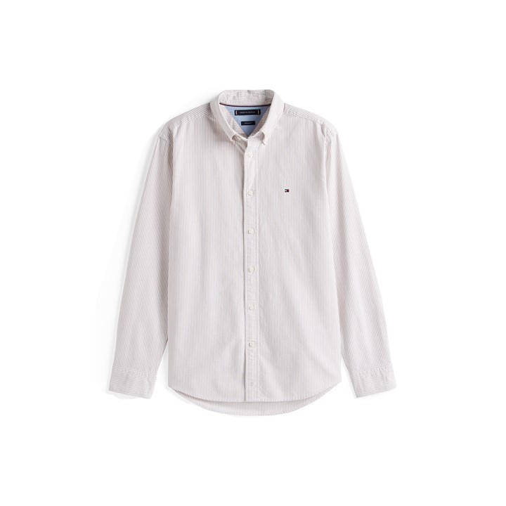 Tommy Hilfiger Men's Beige Core 1985 Flex Oxford Stripe Shirt in Size L, Sports Direct