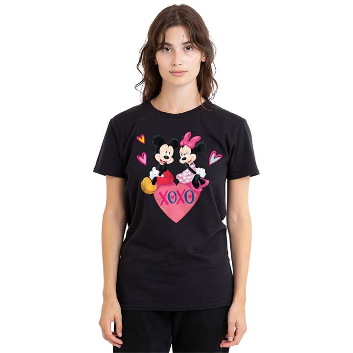 Disney Women's Black Mickey And Minnie Mouse Valentines Day T-Shirt B in Size M, Sports Direct