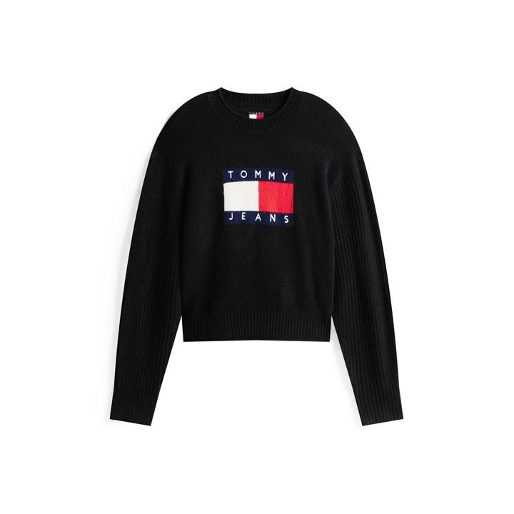 Tommy Jeans Women's Black Large Flag Cable Knit Jumper in Size 14, Sports Direct