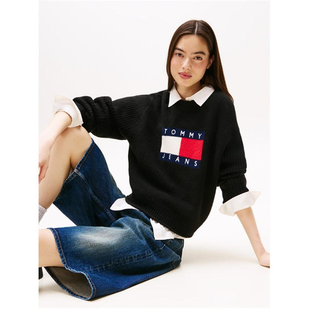 Melns Htr - Tommy Jeans - Women's Large Flag Cable Knit Jumper