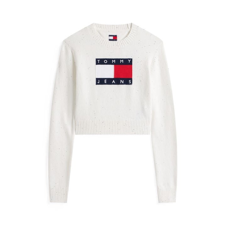 Tommy Jeans Women's White Tj Sparkle Flg Knitted Crew Neck Jumper in Size 12, Sports Direct