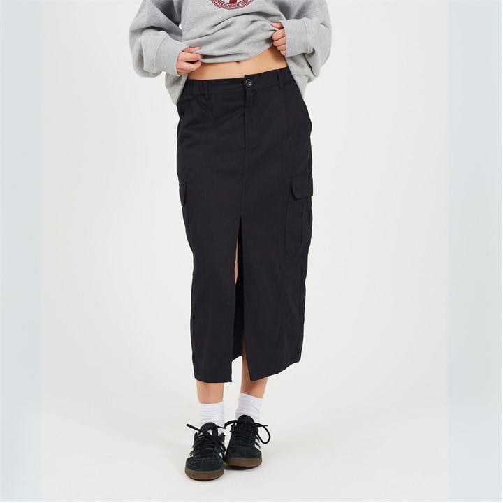 Brave Soul Women's Black Denim Midi Cargo Skirt in Size 16, Sports Direct