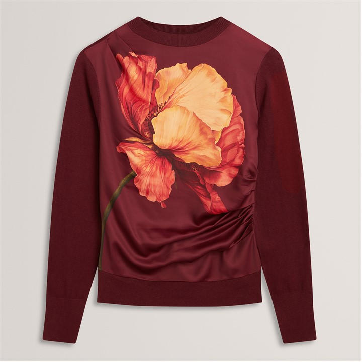 Ted Baker Women's Red Ted Printed Satin Front Fine Knit Top in Size 14, Sports Direct