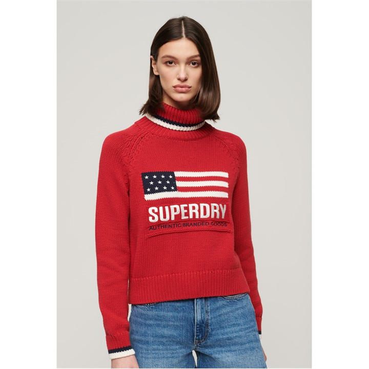 Superdry Women's Red Americana Roll Knitted Crew Neck Jumper in Size 10, Sports Direct