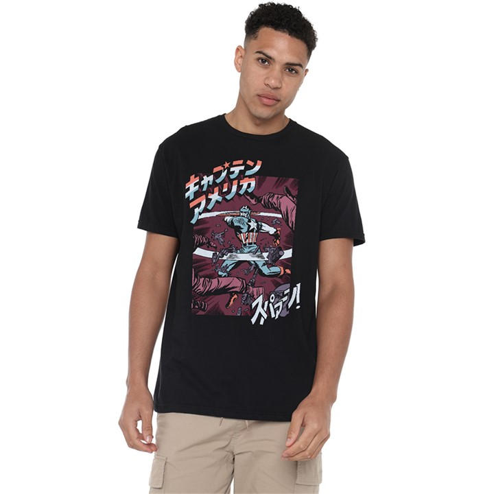 Marvel Men's Black Captain America Retro Japanese Strike T-Shirt Bla in Size XL, Sports Direct