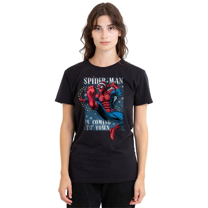 Marvel Women's Black Spiderman Is Coming To Town T-Shirt in Size M, Sports Direct