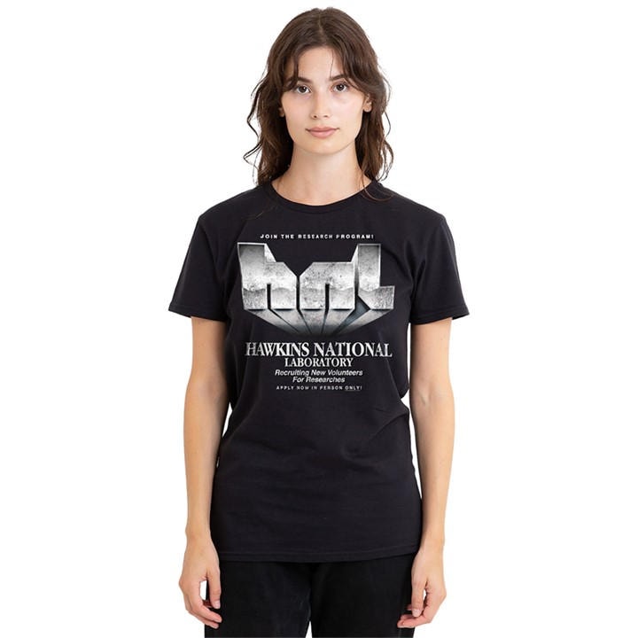Stranger Things Women's Black Hawkins Lab Logo T-Shirt, Sports Direct