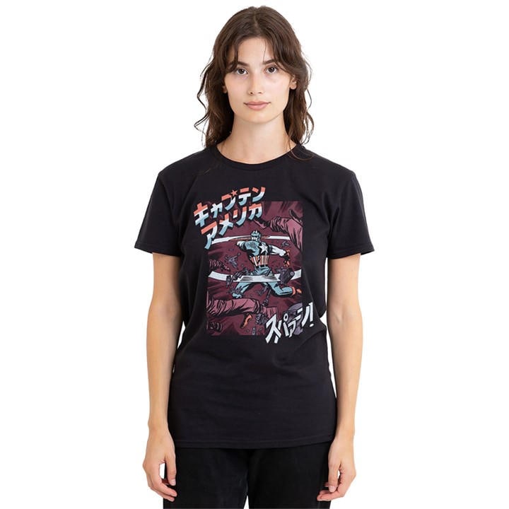 Marvel Women's Black Captain America Retro Japanese Strike T Shirt Bla in Size L, Sports Direct