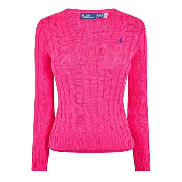 Polo Ralph Lauren Women's Pink Cable-Knit V-Neck Jumper in Size 12, Sports Direct
