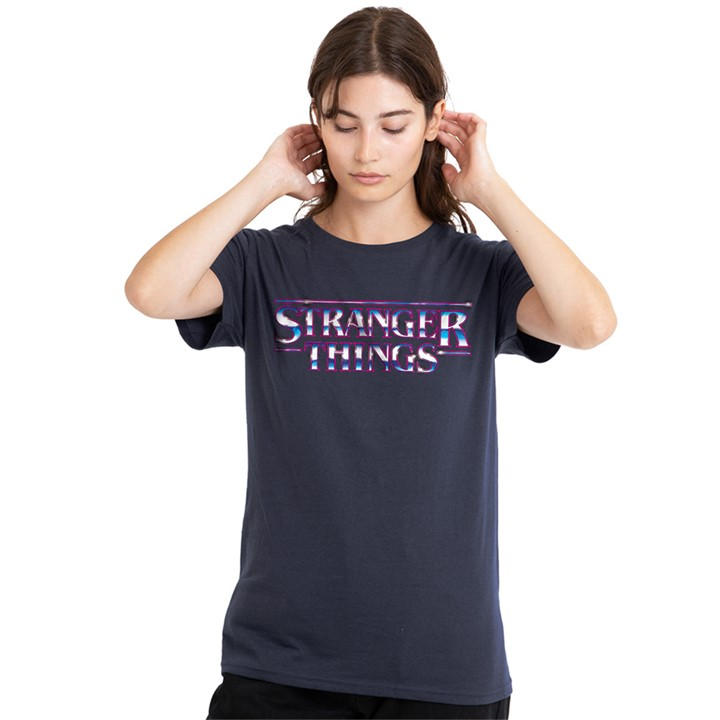 Stranger Things Women's Blue Chrome Metal Logo T Shirt in Size M, Sports Direct
