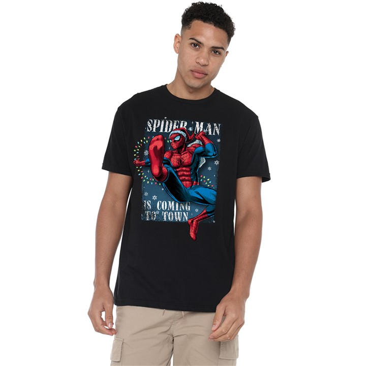 Marvel Men's Black Spiderman Is Coming To Town T-Shirt in Size 2XL, Sports Direct