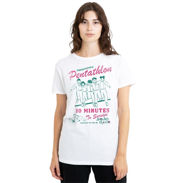 Squid Game Women's White Pentathlon Race Comic T Shirt W, Sports Direct