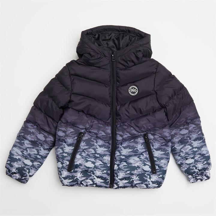 Firetrap Boys Black Kids' Camo Water And Wind Resistant Hooded Padded Puffer Jacket, Sports Direct