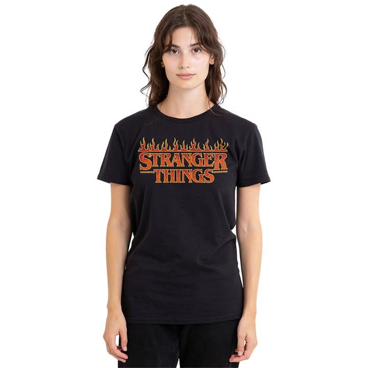 Stranger Things Women's Black Vintage Flaming Logo T Shir in Size XL, Sports Direct