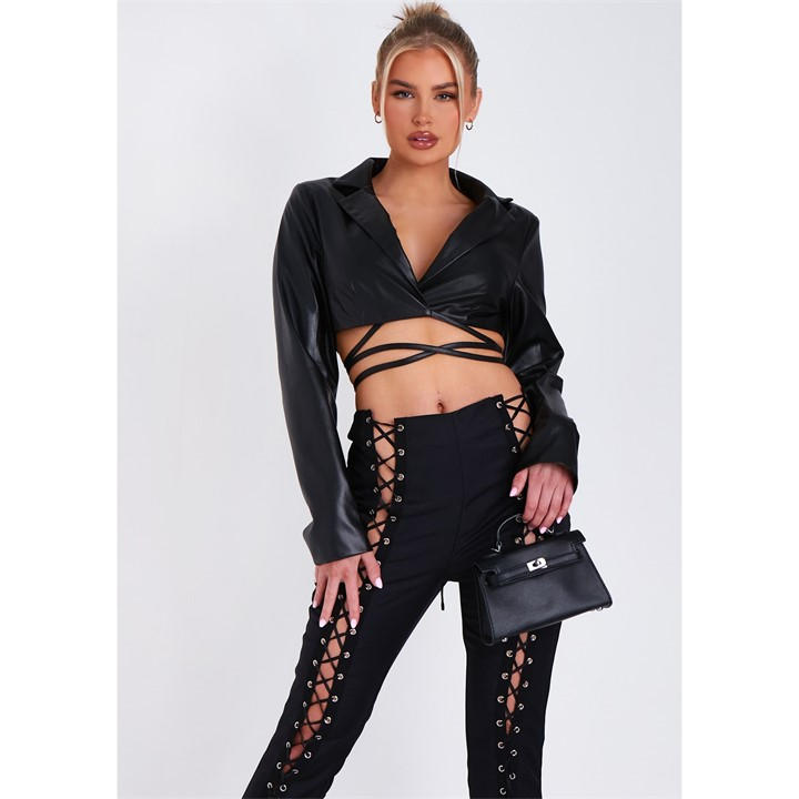 Missy Empire Women's Black Pu Cropped Tie Blazer in Size 6, Sports Direct