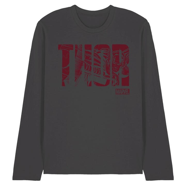 Marvel Men's Grey Thor Text Long Sleeve T-Shirt in Size XL, Sports Direct