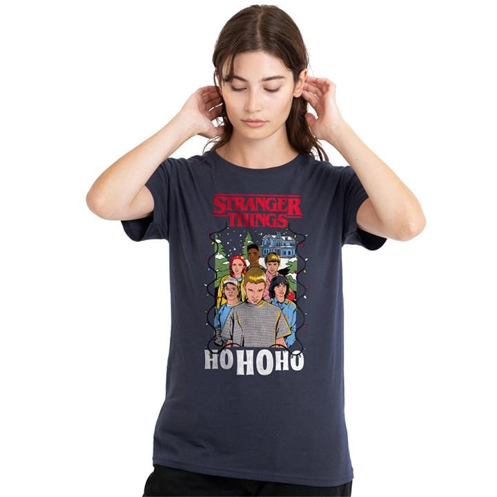 Stranger Things Women' Blue Group Ho Ho Ho Christmas T in Size S, Sports Direct