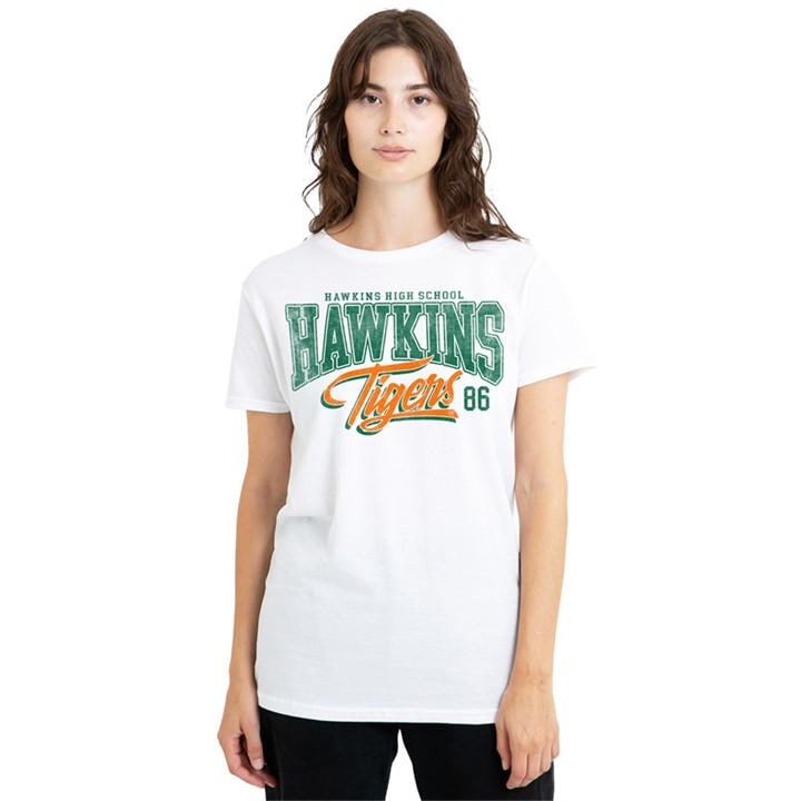 Stranger Things Women's White Hawkins Tigers 86 T Shirt, Sports Direct