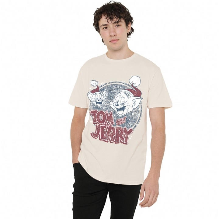 Warner Brothers Men's Beige Tom And Jerry Christmas Santa Hats Retro T-Shirt in Size XL, Sports Direct