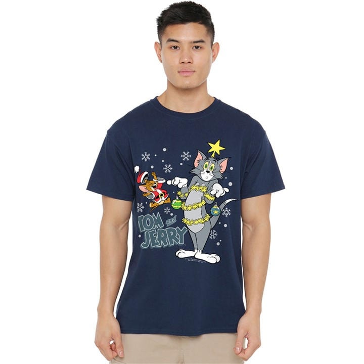 Warner Brothers Men's Blue Tom And Jerry Merry Christmas Tinsel Tangle T-Shir in Size M, Sports Direct