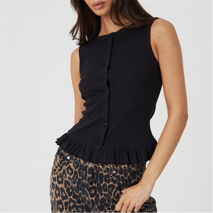 Brave Soul Women's Black Bs Crew Neck Button Down Vest With Frill Detail in Size 10, Sports Direct