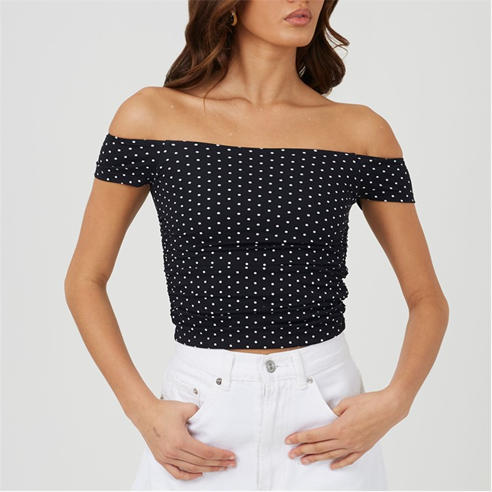 Brave Soul - BS Womens Polka Dot Bardot Neck Jersey Top