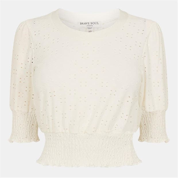 Biały - Brave Soul - Womens Broderie Top with Shirred Sleeves