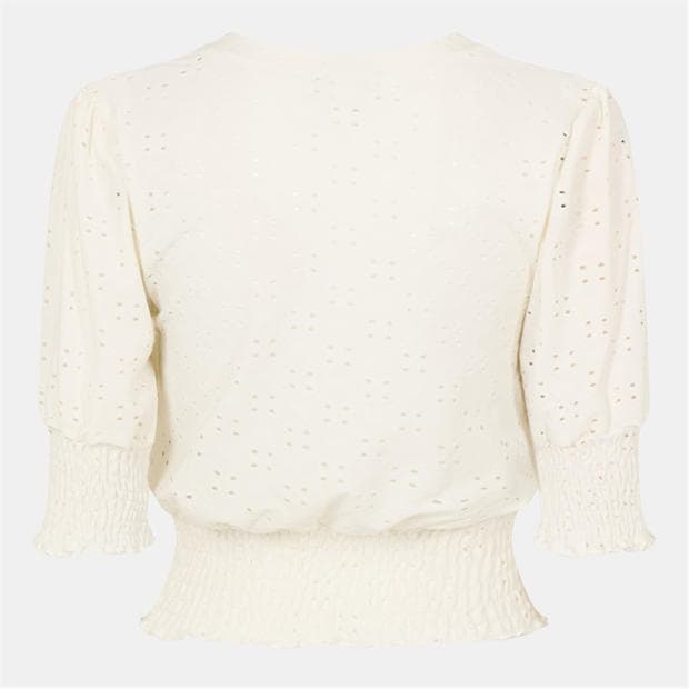 Biały - Brave Soul - Womens Broderie Top with Shirred Sleeves
