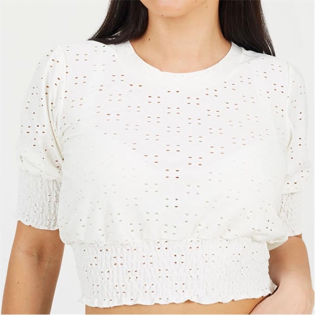 Biały - Brave Soul - Womens Broderie Top with Shirred Sleeves